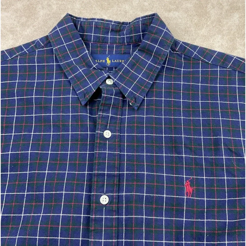 Polo‎ Ralph Lauren Shirt Men Sz XL Long Sleeve Plaid Checks Cotton Blue Pony